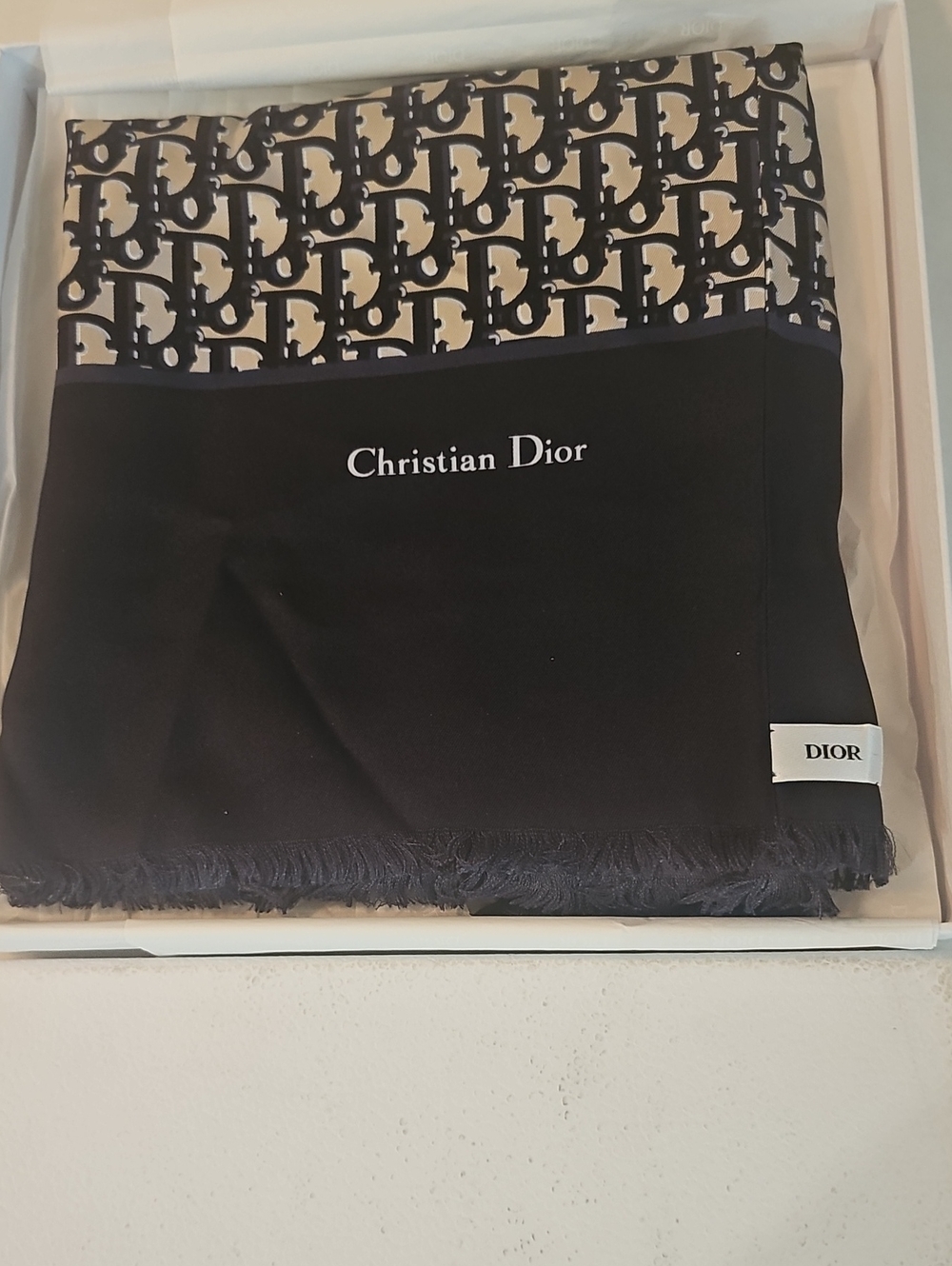 Authentic Christian Dior Oblique Navy Blue Silk Scarf (13" x 72") With Box